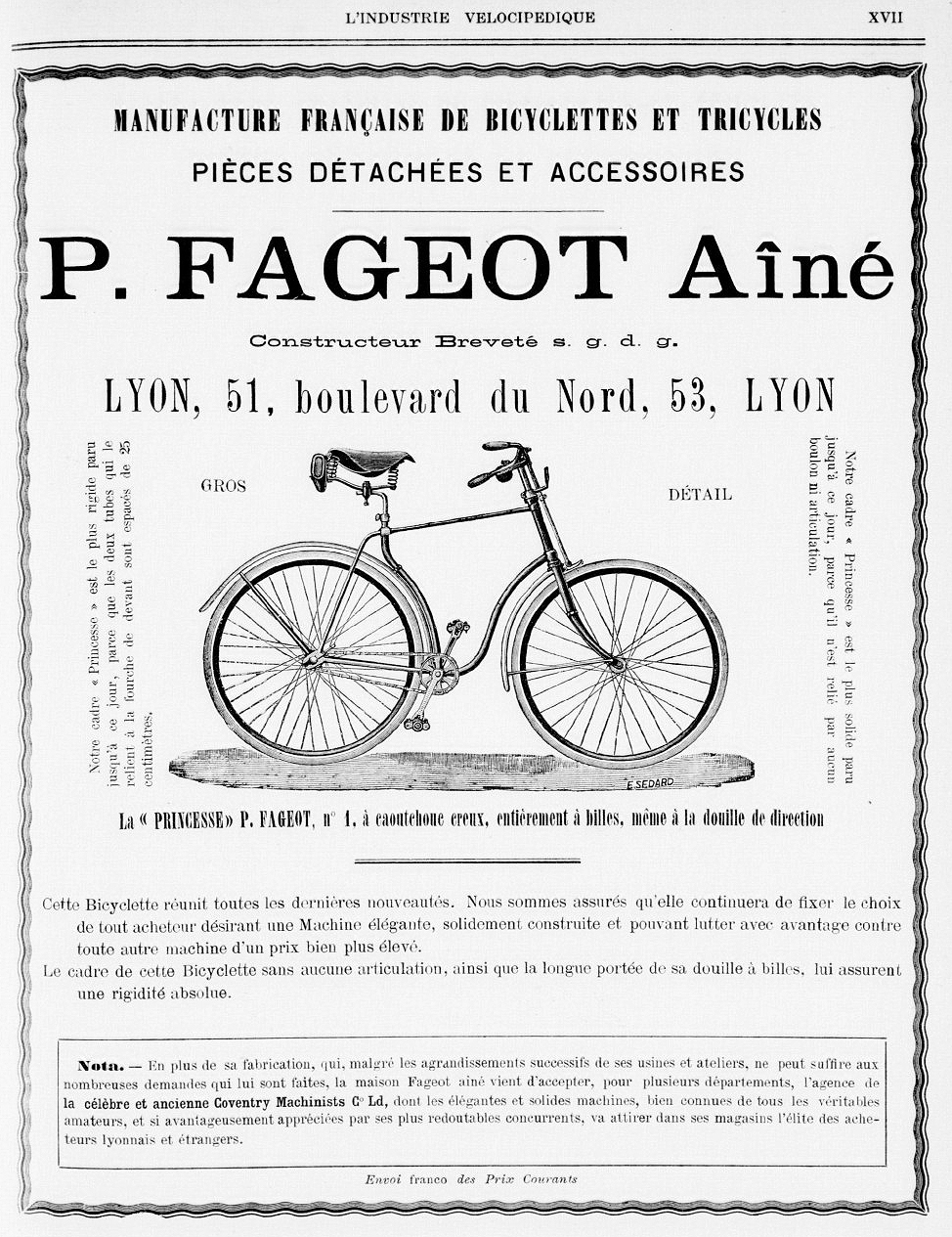 Publicité Fageot, industrie vélocipédique -1892